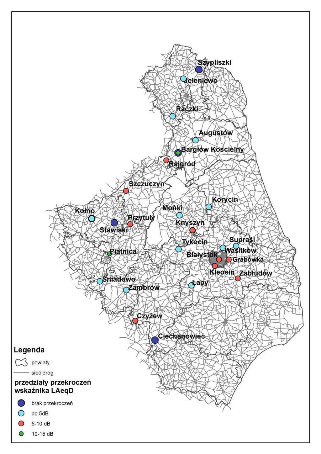 Mapa 1 Wartości przekroczeń hałasu (poziomy