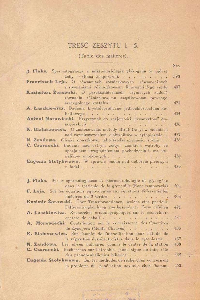TREŚĆ ZESZYTU 1 5. (Table des matieres). J. Flaks. Spermatogeneza a mikromorfologja glykogenu w jądrze żaby (Rana temporaria) Franciszek Leja.