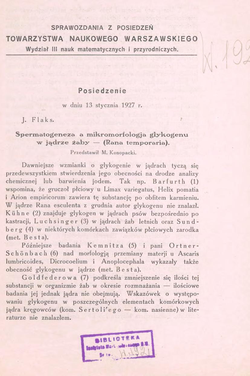 SPRAWOZDANIA Z POSIEDZEŃ TOWARZYSTWA NAUKOWEGO WARSZAWSKIEGO Wydział III nauk matematycznych i przyrodniczych. J. Flaks. Posiedzenie w dniu 13 stycznia 1927 r.