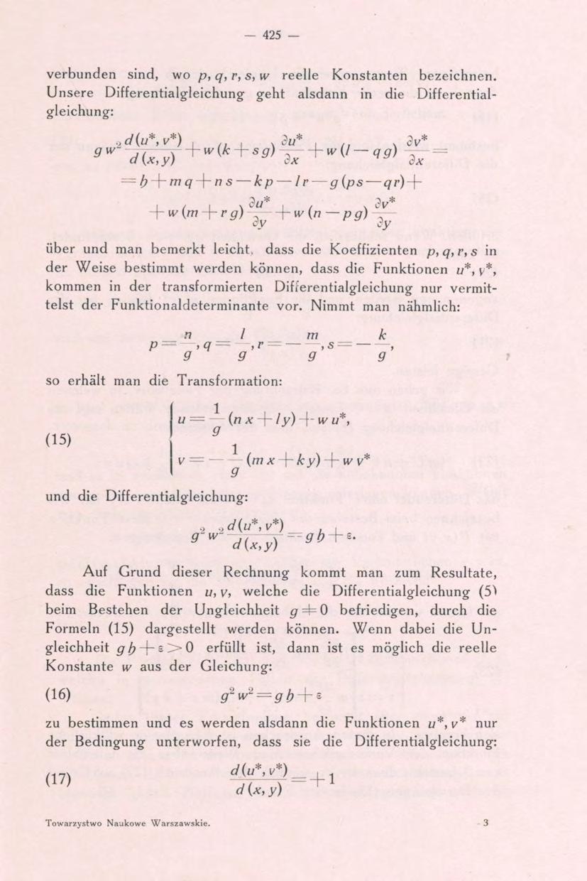 - 425 - verbunden sind, wo p,q,r,s,w reelle Konstanten bezeichnen.