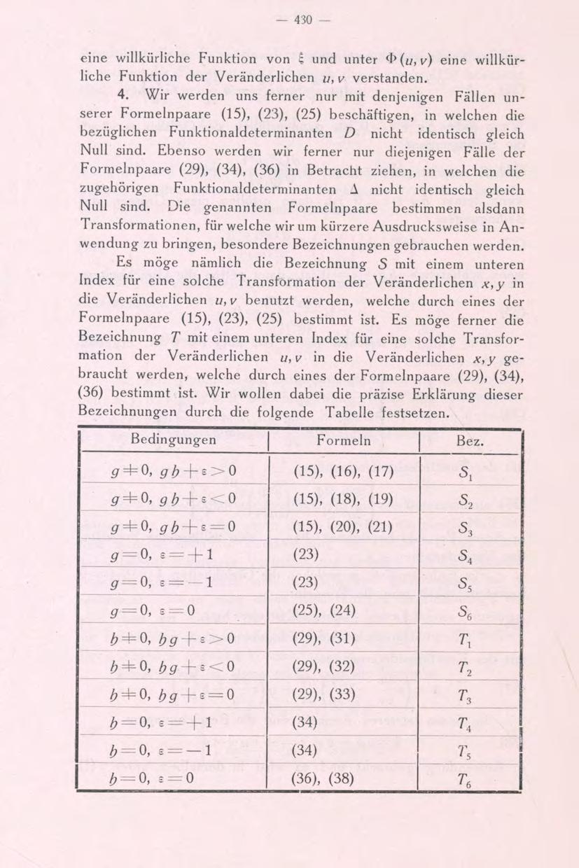 430 - eine willkürliche Funktion von i und unter eine willkürliche Funktion der Veränderlichen u, v verstanden. 4.
