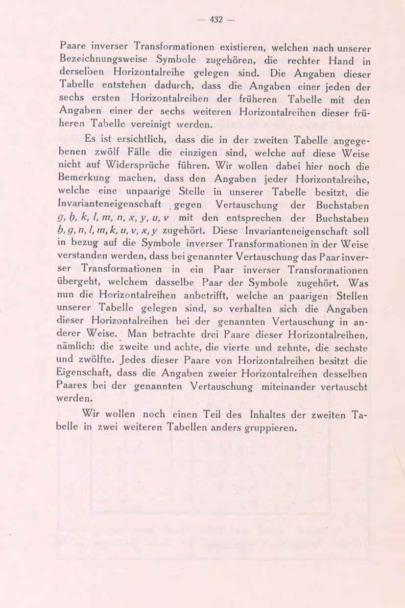 432 - Paare inverser Transformationen existieren, welchen nach unserer Bezeichnungsweise Symbole zugehören, die rechter Hand in derselben Horizontalreihe gelegen sind.