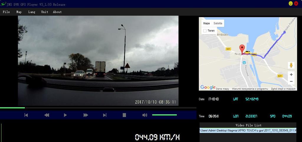 Po nagraniu wideo z podłączonym modułem GPS, możliwe jest odtworzenie wideo ze ścieżką GPS w programie GPSPLAYER. Program jest do pobrania ze strony https://orllo.