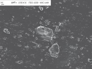 Rys. 10. Zdjęcie SEM przełomu wulkanizatu NBR/MBT napełnionego MM/2 M2HT (20 cz. wag.) Fig. 10. SEM photograph of the fracture surface of NBR/MBT vulcanizate filled with modified montmorillonite (MM/2M2HT 20 part by wt.