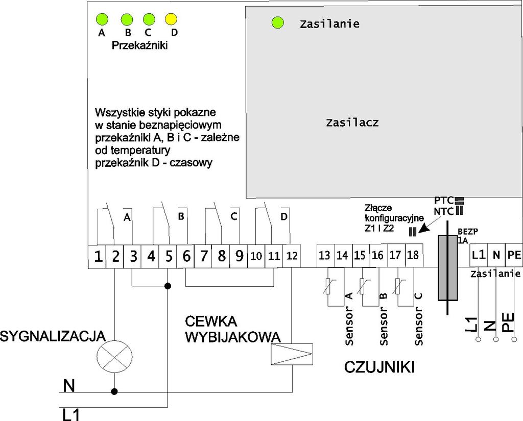 PRZYKŁAD KONFIGURACJI NIE POWODUJĄCEJ WYŁĄCZENIA PO ZANIKU ZASILANIA. Rys.