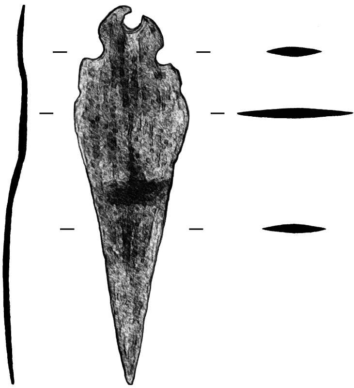 Ryc 1. Głownia sztyletu brązowego z Głuszyna, gm. Potęgowo, pow. słupski, woj. pomorskie. Rys. J. Wojtecki Fig. 1. Blade of a bronze dagger from Głuszyno, Potęgowo commune, Słupsk district, Pomeranian Voivodeship.