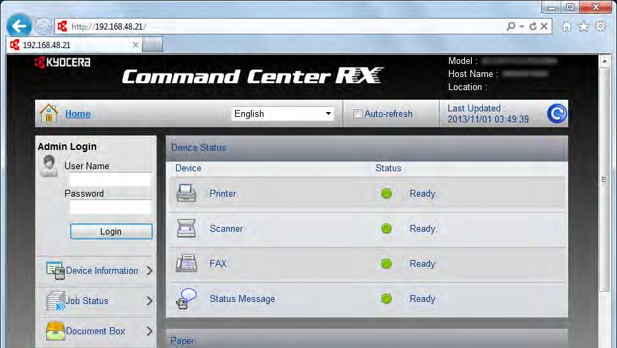 Instalacja i konfiguracja urządzenia > Command Center RX Uzyskiwanie dostępu do narzędzia Command Center RX 1 Wyświetl ekran. 1 Uruchom przeglądarkę internetową.
