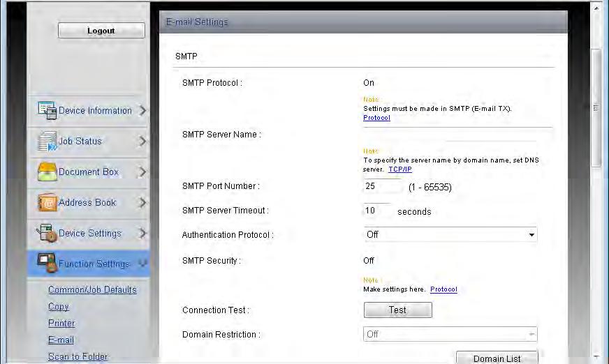 Instalacja i konfiguracja urządzenia > Command Center RX 3 Wyświetl ekran. Wyświetl ekran ustawień e-mail. Z menu [Function Settings] wybierz polecenie [E-mail]. 1 2 4 Skonfiguruj ustawienia.