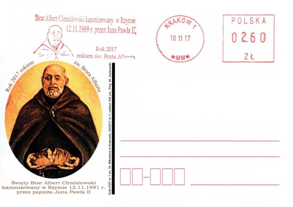 POL17803 10.11.2017 120 x 25 mm KRAKÓW 1 * MM * 10 11 17 BRAT ALBERT CHMIELOWSKI KANONIZOWANY W RZYMIE 12.11.1989 R. PRZEZ JANA PAWŁA II ROK 2017 ROKIEM ŚW.