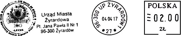 POL17954 od 2016 125 x 25 mm 96-300 UP ŻYRARDÓW 1 * 27 * 04 04 17 1916 2016 100 ~ LECIE 1775 1845-2016 ROK 2016 ROK FILIPA DE GIRARDA W 100 - LECIE NADANIA MIASTU ŻYRARDÓW PRAW MIEJSKICH URZĄD MIASTA