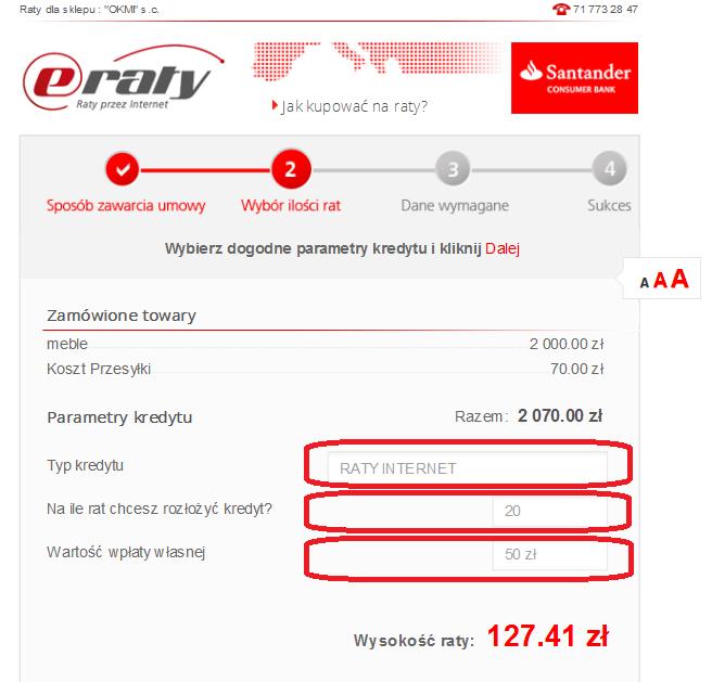 9. Następnie pojawia się okno symulatora, w którym są zablokowane okna, które wcześniej Użytkownik Panelu Sklep, podczas generowania linku do wniosku, oznaczył jako niemożliwe do edycji (patrz pkt 5).