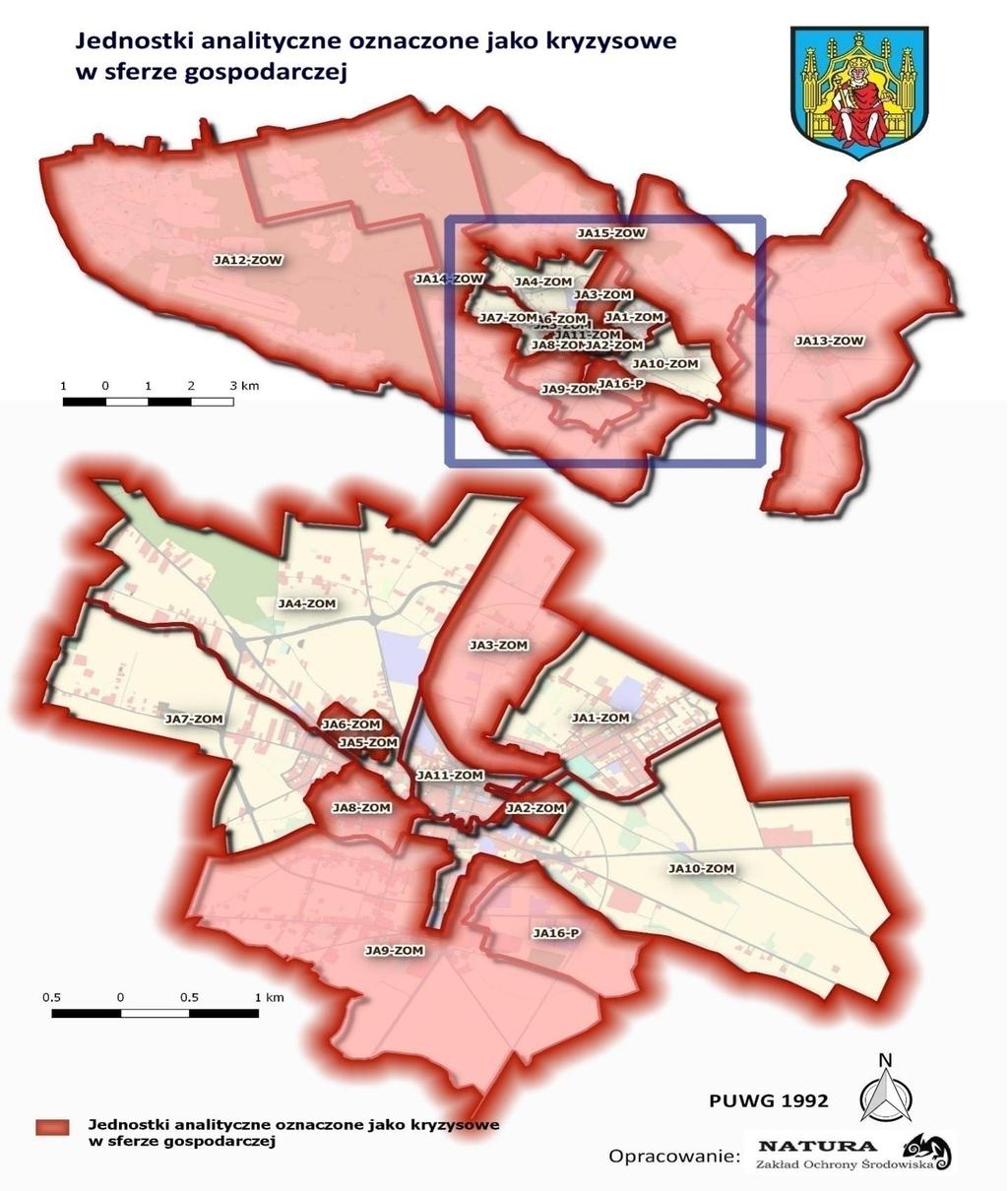 Rycina 10 przedstawia jednostki analityczne oznaczone jako kryzysowe w sferze gospodarczej.