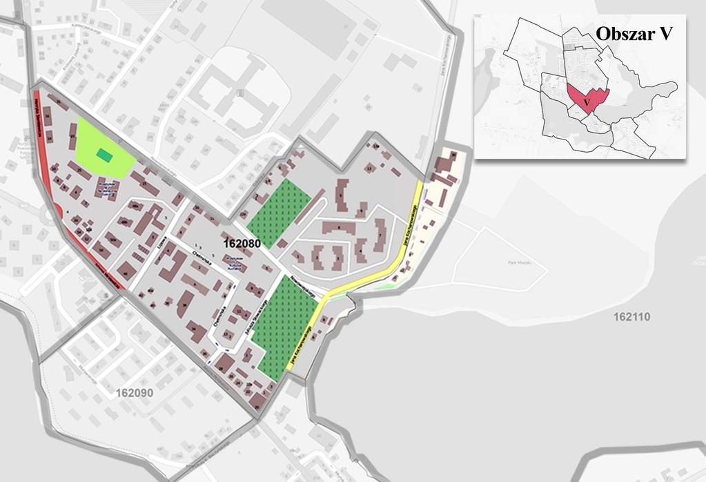 Jednostka urbanistyczna V Mapa 4 - Jednostka urbanistyczna nr V Kolejny wyznaczony obszar ma powierzchnię 23,41 ha. Jest to teren o największej liczbie mieszkańców 1 927 osób.