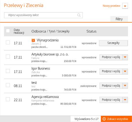 Do autoryzacji w ramach filtra Listy zleceń zostanie narzucony warunek statusu zlecenia wprowadzone i w trakcie akceptacji Do wysłania w ramach filtra Listy zleceń, zostanie narzucony warunek statusu