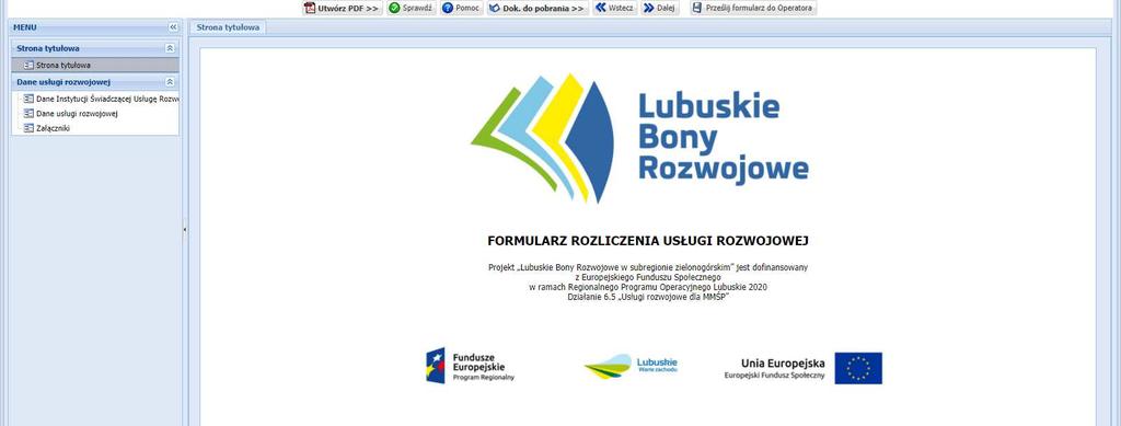 3. SEKCJA Strona tytułowa Zakładka Strona tytułowa Widok strony tytułowej Formularza Rozliczenia Usługi Rozwojowej Rysunek 10.