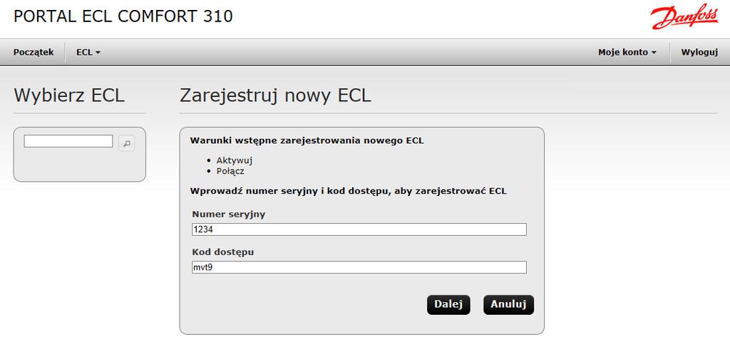 5 Rejestrowanie regulatora ECL na koncie Przejść do menu Zarejestruj