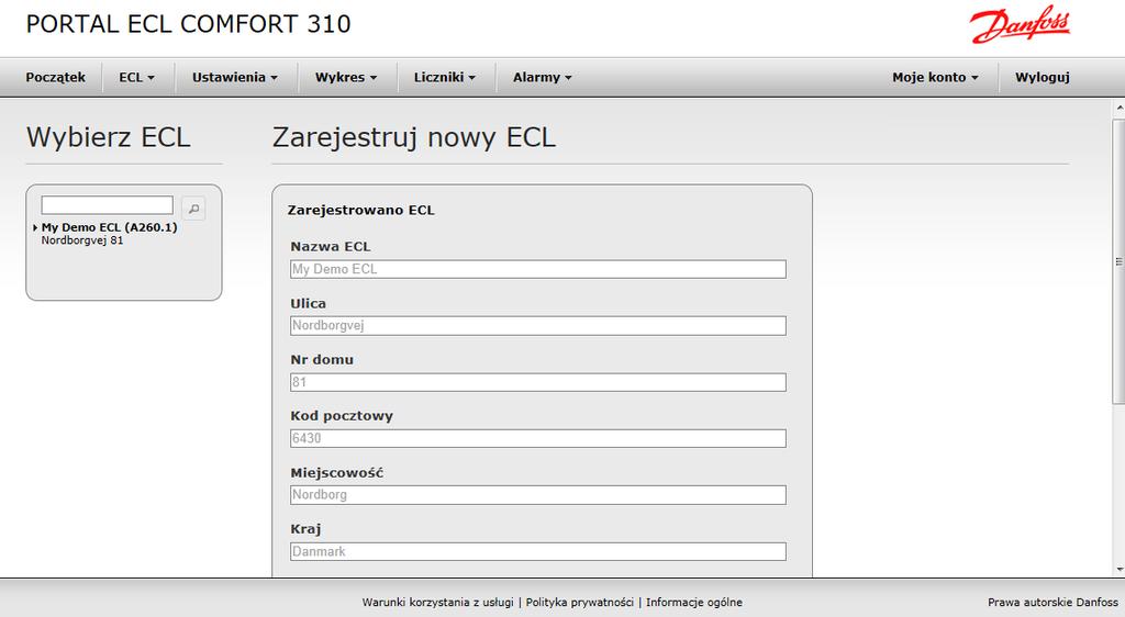 Aby zakończyć proces rejestracji, należy przeczytać i zaakceptować warunki korzystania z usługi oraz zezwolić firmie Danfoss na dostęp do danych.