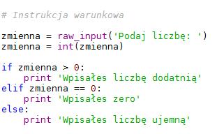 Instrukcje warunkowe przykład 1 Pobieranie wartości od użytkownika Zwrócona