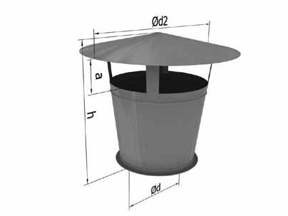 WYRZUTNIE DACHOWE Wyrzutnia dachowa okrągła typ C Wyrzutnie dachowe typu C stosuje się w celu zabezpieczenia instalacji przed opadami atmosferycznymi i zapewnienia właściwego wyrzutu powietrza do