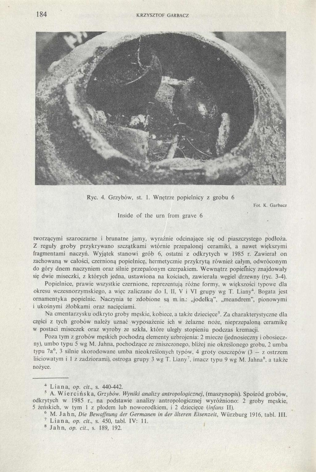 184 KRZYSZTOF GARBACZ Ryc. 4. Grzybów, st. 1. Wnętrze popielnicy z grobu 6 Inside of the urn from grave 6 Fot. K. Garbacz tworzącymi szaroczarne i brunatne jamy, wyraźnie odcinające się od piaszczystego podłoża.