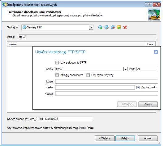 6. Kliknij przycisk Utwórz lokalizację FTP, aby ustawić parametry lokalizacji SFTP. 42 - Użyj połączenia SFTP. Zaznacz opcję, aby podłączyć do serwera SFTP; - Adres. Wpisz jego adres; - Port.