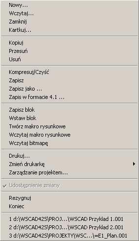 Plik W menu Plik znajdują się wszystkie polecenia i komendy do tworzenia nowych projektów, zarządzania istniejącymi projektami i tworzenia nowych arkuszy dla