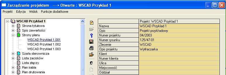 Przypisywanie danych klienta Dane klienta moŝna przejąć do aktualnego projektu z zarządzania projektem. Zaznaczamy w lewym oknie roboczym modułu zarządzania projektem nazwę projektu.