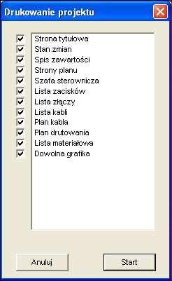 Drukowanie projektu Z modułu zarządzania projektem moŝna drukować wyłącznie otwarte projekty. Proces drukowania zostaje uaktywniony przez wybranie polecenia menu Projekt / Drukuj.