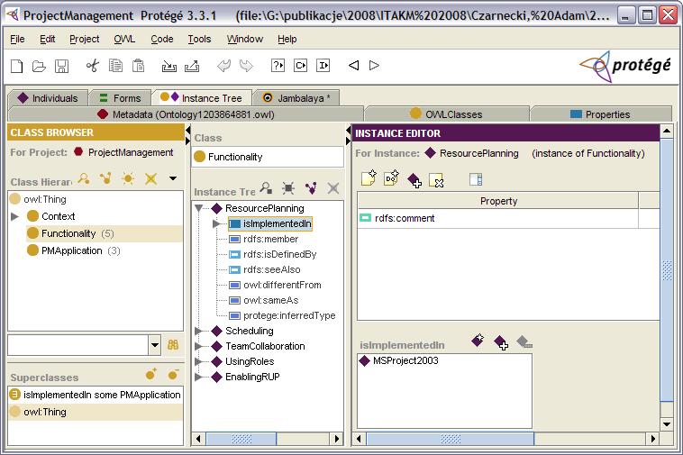 Rys. 4. Instancja ResourcePlanning klasy Functionality połączona własnością isimplementedin z instancją MSProject2003 klasy PMApplication. Źródło: opracowanie własne w narzędziu Protégé.