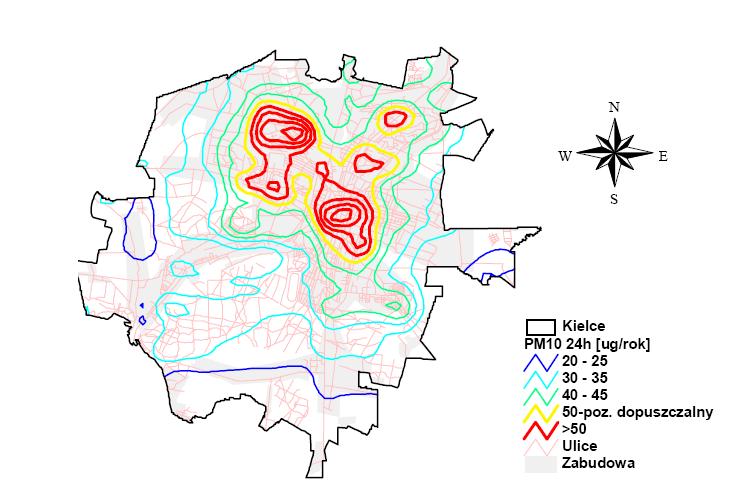 Rysunek 13. Obszar przekroczeń dopuszczalnego poziomu pyłu zawieszonego PM10 w Kielcach w 2005 r.