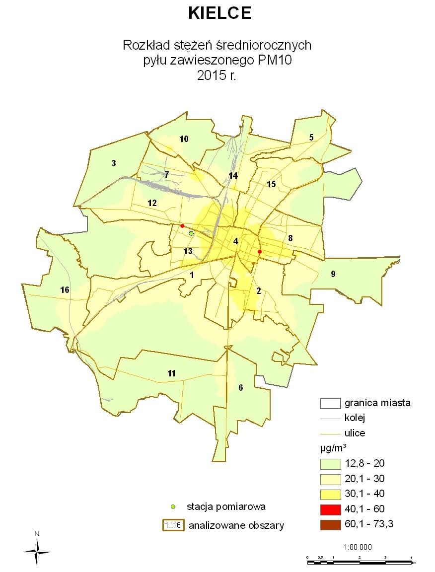 Rysunek 20. Mapa rozkładu stężeń średniorocznych pyłu PM10 na terenie Kielce w 2009 r. (źródło: opracowanie własne) Przeprowadzone obliczenia i analizy wykazały, że w 2015 r.