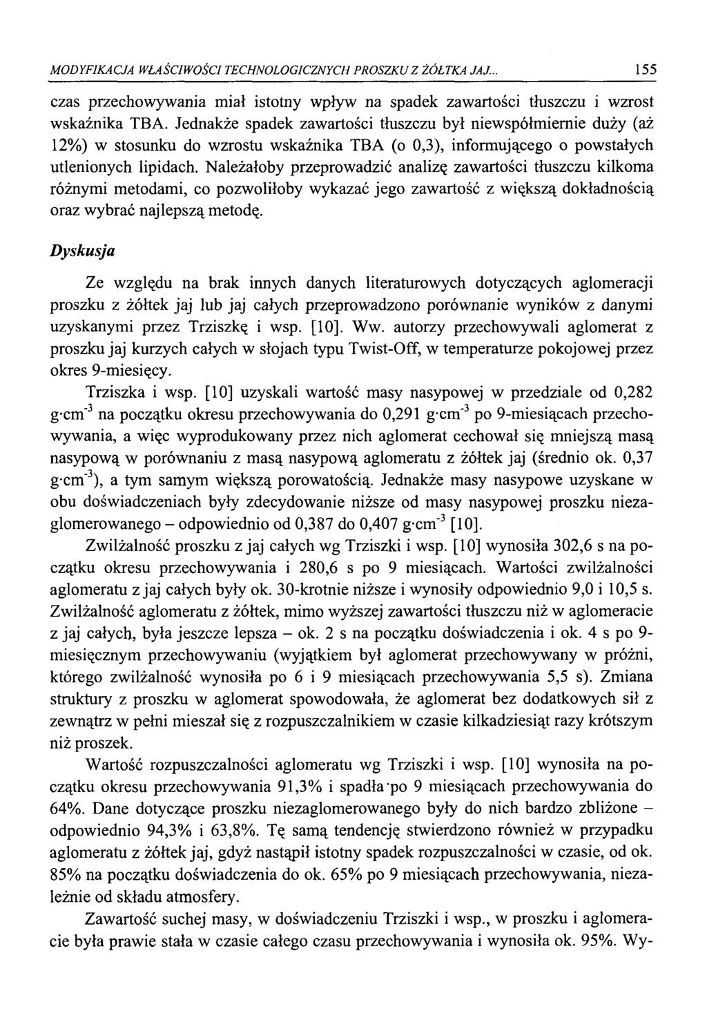 MODYFIKACJA WŁAŚCIWOŚCI TECHNOLOGICZNYCH PROSZKU Z ŻÓŁTKA JAJ.. 155 czas przechowywania miał istotny wpływ na spadek zawartości tłuszczu i wzrost wskaźnika TBA.