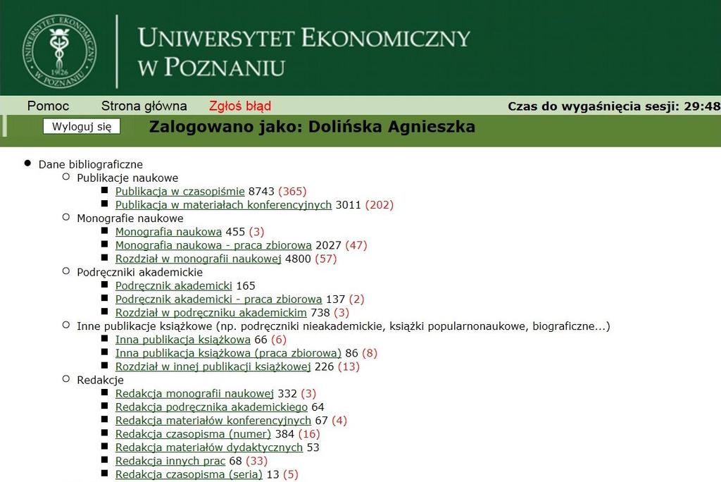 186 A. Dolińska, J. Gryt Moduł Bibliograficzny (il. 2) jak wszystkie pozostałe moduły ma hierarchiczną strukturę drzewkową, zbudowaną z kategorii publikacyjnych punktowanych i niepunktowanych.
