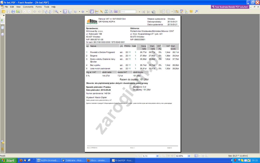 Możliwość odliczania VAT-u w systemie bibliotecznym ALEPH 203 Kiedy obliczenia prowadzimy równocześnie dla kilku tytułów, nieocenionym narzędziem jest raport egzemplarze w akcesji, który pokazuje
