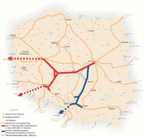 Przebieg linii E65 Południe: Warszawa Katowice / Kraków, po wyborze optymalnych wariantów przeanalizowanych w studium wykonalności, został zarekomendowany następująco (rys.