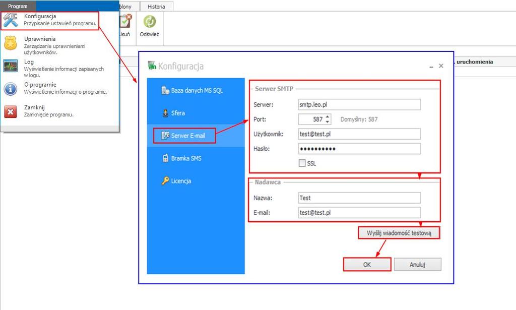 5. Konfiguracja połączenia e-mail Aby program mógł poprawnie pracować należy skonfigurować połączenia e-mail.