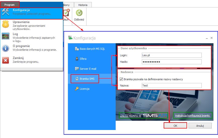 6. Konfiguracja bramki SMS Aby móc korzystać z tej funkcji programu należy skontaktować się z dostawcą wiadomości tekstowych SMSAPI w celu założenia konta oraz zasilenia go, po to aby umożliwić
