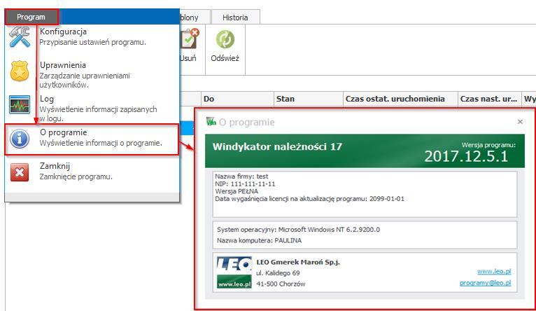 8.1.4 O programie Wybranie tej opcji spowoduje pokazanie się okna z informacjami o zainstalowanej wersji programu.