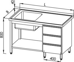 E 2140 P Stół ze zlewem 1-kom (P) i blokiem 2-ch szuflad 1100 2137 2245 1200 2191 2305 1300 2246 2365 1400 2301 2425 1500 2355 2485 1600 2410 2544 1700 2464 2604 1800 2519 2664 1900 2573 2724 2000