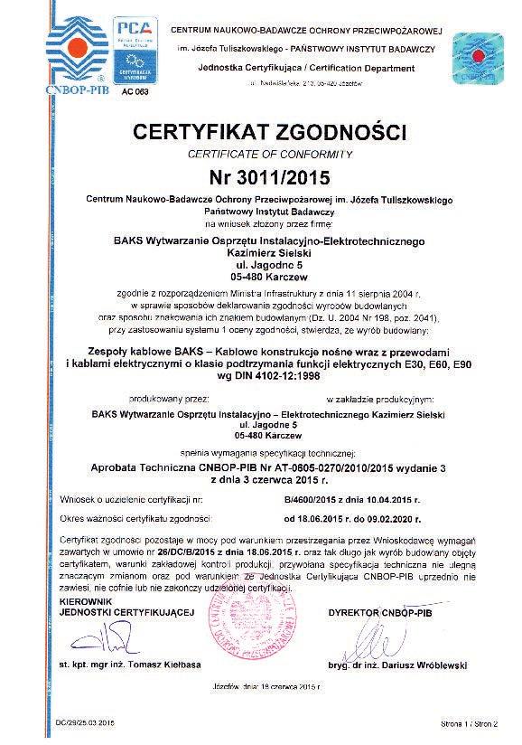 Certyfikat na Zespoły kablowe BAKS o klasie podtrzymania funkcji elektrycznych E-30,E-60, E-90 wydany przez CNBOP w Warszawie.