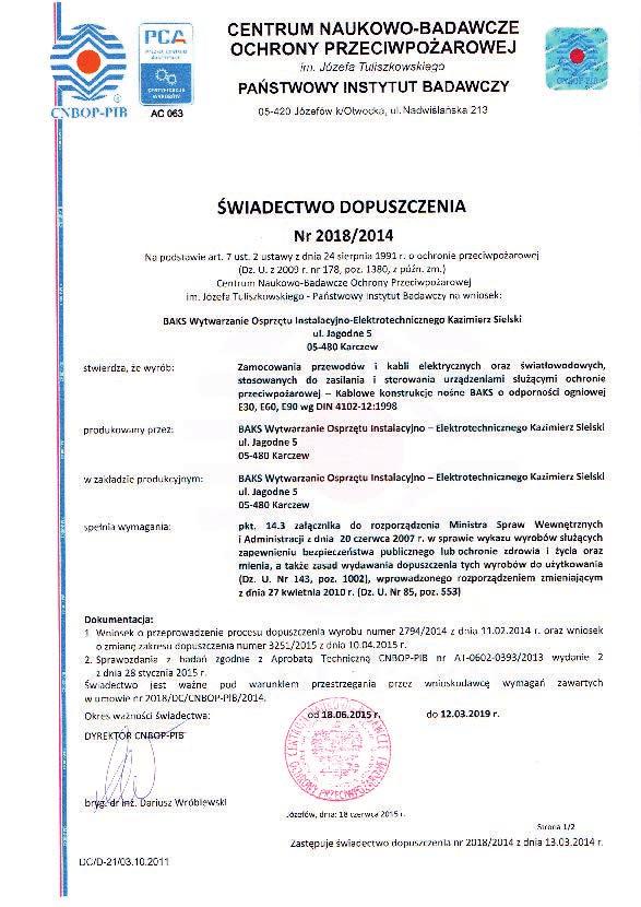 Zgodności na puszki instalacyjne przeciwpożarowe BAKS o odporności