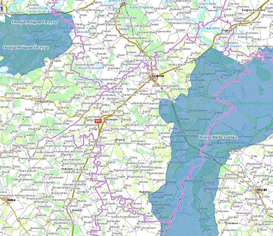 Ryc. 14. Położenie Obszarów Specjalnej Ochrony Ptaków Natura 2000 na terenie powiatu grajewskiego. Źródło: http://geoserwis.gdos.gov.