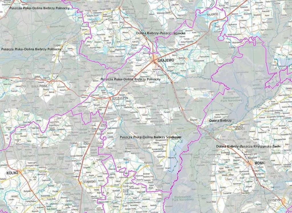 Ryc. 16. Korytarze ekologiczne na tle podziału administracyjnego. Źródło: http://geoserwis.gdos.gov.pl/ 4.10.