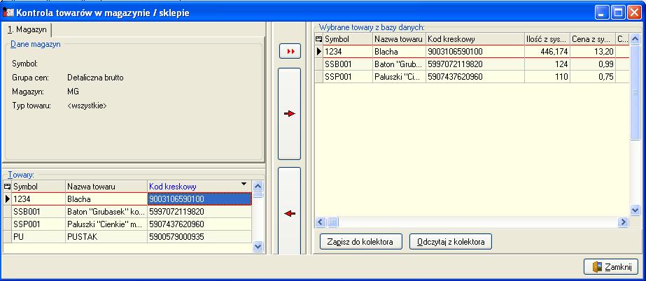zaznaczone towary lub klikamy podwójną strzałkę i przeniosą nam się wszystkie towary.