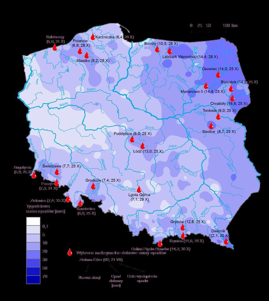 3. Rozkład tygodniowej sumy opadów oraz wybrane maksymalne