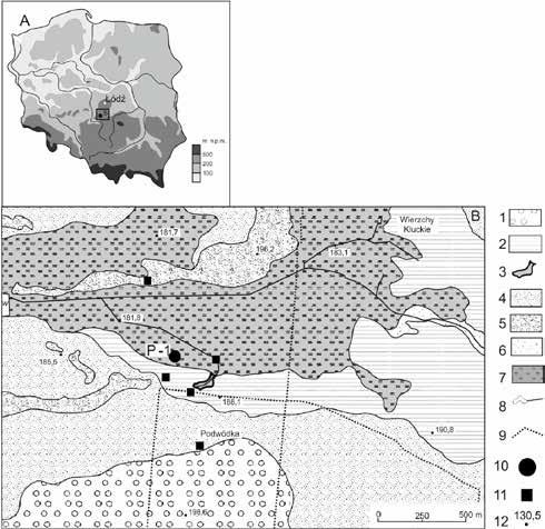 84 Daniel Okupny, Anna Fortuniak, Julita Tomkowiak Rys. 1. Położenie stanowiska badawczego na tle Polski (A) oraz szkic geomorfologiczny (B) wg Forysiaka i in.