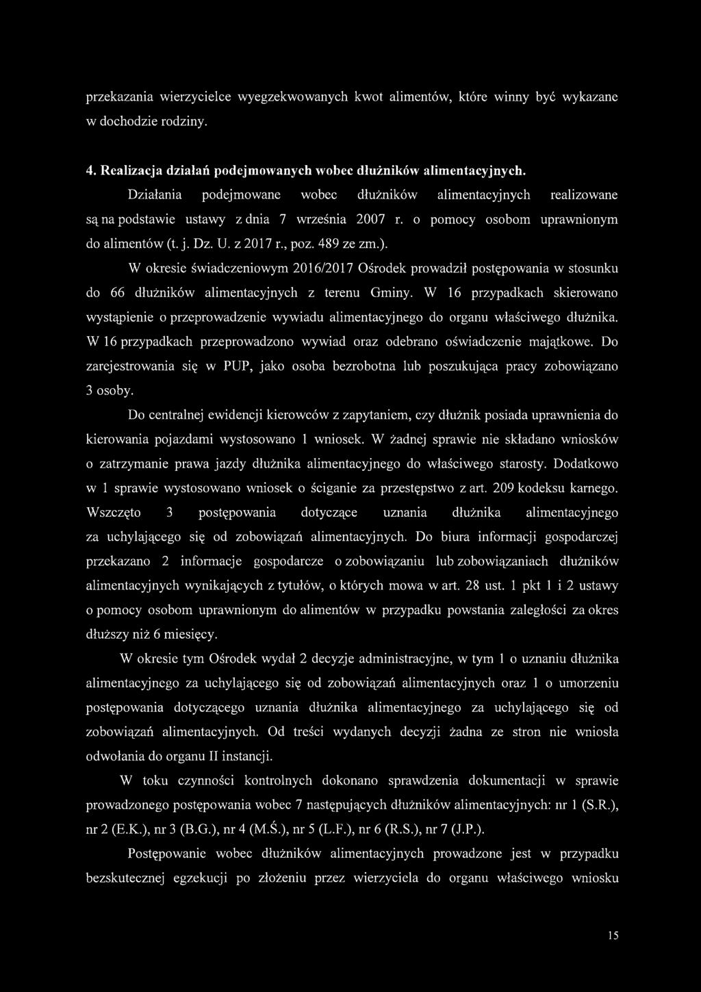 W okresie świadczeniowym 2016/2017 Ośrodek prowadził postępowania w stosunku do 66 dłużników alimentacyjnych z terenu Gminy.