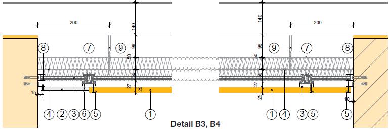 630 mm Sufit w wersji EI 30 z płytami akustycznymi Heradesign superfine grubości 25 mm, przykręconymi do profili CD, połączenie brzegu z płytą gipsowo-kartonową Fries i spoiną cieniową i ściśnięte na