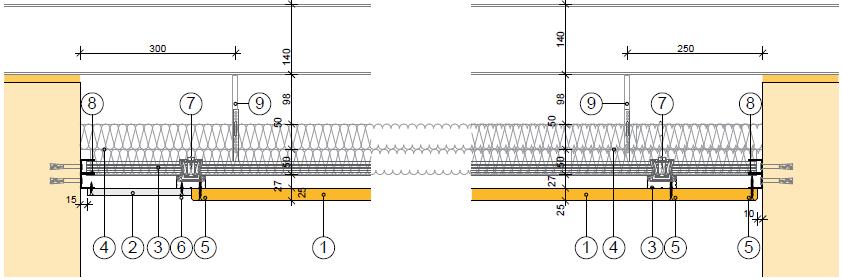 Mocowanie na profilach metalowych CD Sufit w wersji EI 30 z płytami akustycznymi Heradesign fine o grubości 25 mm, przykręconych do profili CD, Połączenie krawędzi z płytą GK Fries i