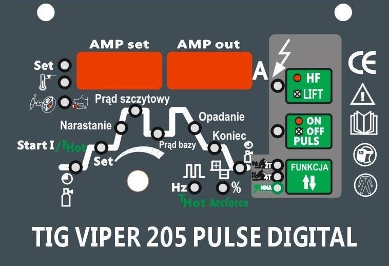 3. DANE TECHNICZNE Model Parametry TIG VIPER 205 PULSE DIGITAL Zasilanie 230[V]/50[Hz] Napięcie biegu jałowego [V] 62 Zabezpieczenie [A] 25 Pobór mocy [kva] 6,3 TIG MMA Zakres regulacji prądu